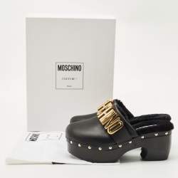 Pre Owned Moschino Black Leather Logo Clogs Size 37