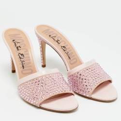 Pre Owned Moschino Pink Leather and Suede Crystal Embellished Slide Sandals Size 40
