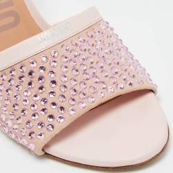 Pre Owned Moschino Pink Leather and Suede Crystal Embellished Slide Sandals Size 40
