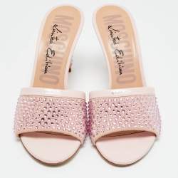 Pre Owned Moschino Pink Leather and Suede Crystal Embellished Slide Sandals Size 40