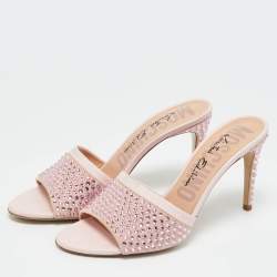 Pre Owned Moschino Pink Leather and Suede Crystal Embellished Slide Sandals Size 40