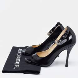 Moschino Black Leather Logo Embellished Open Toe Ankle Strap Pumps Size 36