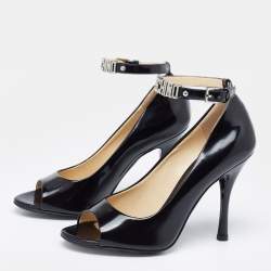 Moschino Black Leather Logo Embellished Open Toe Ankle Strap Pumps Size 36