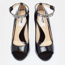Moschino Black Leather Logo Embellished Open Toe Ankle Strap Pumps Size 36