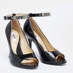 Moschino Black Leather Logo Embellished Open Toe Ankle Strap Pumps Size 36