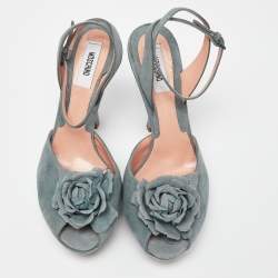 Moschino Grey Suede Flower Applique Platform Ankle Strap Sandals Size 38
