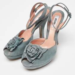 Moschino Grey Suede Flower Applique Platform Ankle Strap Sandals Size 38