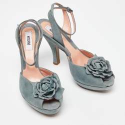 Moschino Grey Suede Flower Applique Platform Ankle Strap Sandals Size 38