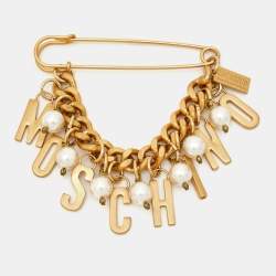 Moschino Logo Faux Pearl Gold Tone Brooch