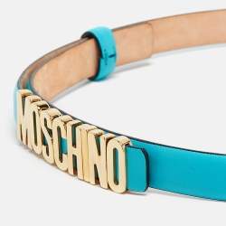 Moschino Turquoise Blue Leather Classic Logo Belt 90 CM