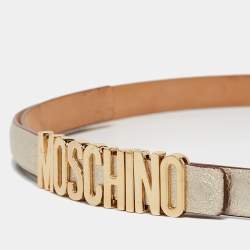 Pre Owned Moschino Gold Leather Classic Logo Slim Belt 95 CM