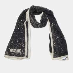 Pre Owned Moschino Black Printed Silk Chiffon Scarf