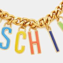 Pre Owned Moschino Multicolor Enameled Logo Charms Curb Gold Tone Chain Necklace