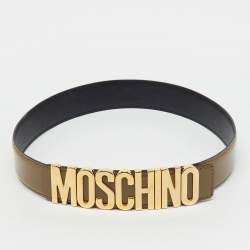 Pre Owned Moschino Khaki Brown Glossy Leather Classic Logo Belt 75CM