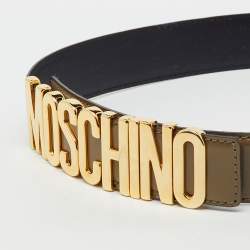 Pre Owned Moschino Khaki Brown Glossy Leather Classic Logo Belt 75CM