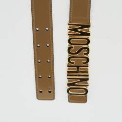 Pre Owned Moschino Khaki Brown Glossy Leather Classic Logo Belt 75CM