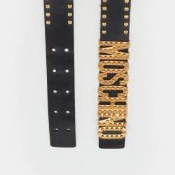 Pre Owned Moschino Black Leather Studded Classic Logo Belt 75CM