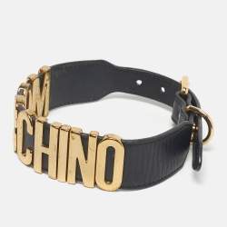 Pre Owned Moschino Black Leather Classic Logo Dog Collar 