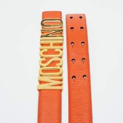 Pre Owned Moschino Orange Leather Classic Logo Waist Belt 