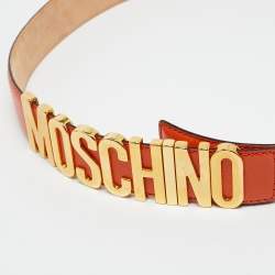 Pre Owned Moschino Orange Leather Classic Logo Waist Belt 