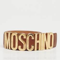 Pre Owned Moschino Brown Leather Classic Logo Waist Buckle Belt