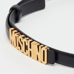 Pre Owned Moschino Black Leather Classic Logo Slim Waist Belt 85CM