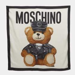 Pre Owned Moschino White Teddy Bear Print Silk Scarf 