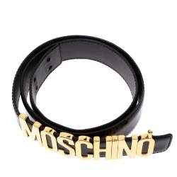 Pre Owned Moschino Black Leather Logo Belt 100CM