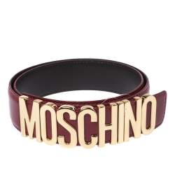 Pre Owned Moschino Red Patent Leather Logo Belt 95CM