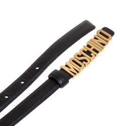 Pre Owned Moschino Black Leather Logo Slim Belt 110CM