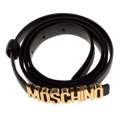 Pre Owned Moschino Black Leather Logo Slim Belt 110CM