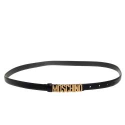 Pre Owned Moschino Black Leather Logo Slim Belt 110CM