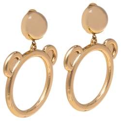 Pre Owned Moschino Teddy Bear Motif Gold Tone Clip On Hoop Earrings
