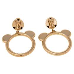 Pre Owned Moschino Teddy Bear Motif Gold Tone Clip On Hoop Earrings