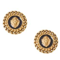 Pre Owned Moschino Lion Motif Black Enamel Gold Tone Round Stud Earrings
