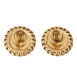 Pre Owned Moschino Lion Motif Black Enamel Gold Tone Round Stud Earrings