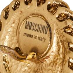 Pre Owned Moschino Lion Motif Black Enamel Gold Tone Round Stud Earrings