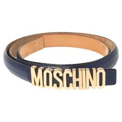 Pre Owned Moschino Blue Leather Logo Slim Waist Belt 80CM