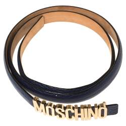 Pre Owned Moschino Blue Leather Logo Slim Waist Belt 80CM