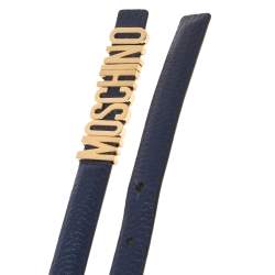 Pre Owned Moschino Blue Leather Logo Slim Waist Belt 80CM