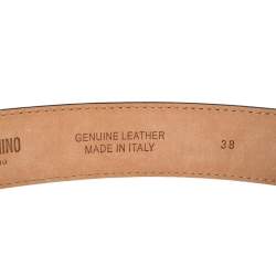 Pre Owned Moschino Metallic Silver Leather Logo Buckle Belt 85 CM