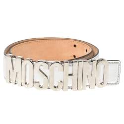 Pre Owned Moschino Metallic Silver Leather Logo Buckle Belt 85 CM