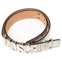 Pre Owned Moschino Metallic Silver Leather Logo Buckle Belt 85 CM