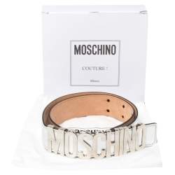 Pre Owned Moschino Metallic Silver Leather Logo Buckle Belt 85 CM