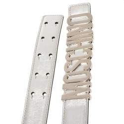 Pre Owned Moschino Metallic Silver Leather Logo Buckle Belt 85 CM