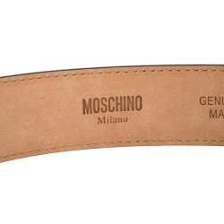 Pre Owned Moschino Metallic Silver Leather Logo Buckle Belt 85 CM