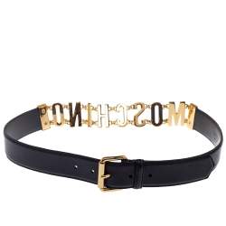 Pre Owned Moschino Black Leather Logo Chain Belt 85CM
