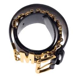 Pre Owned Moschino Black Leather Logo Chain Belt 85CM