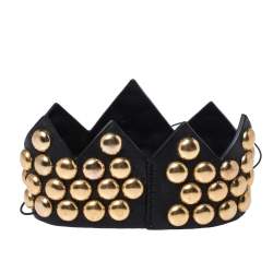 Pre Owned Moschino Black Leather Gold Tone Studded Crown