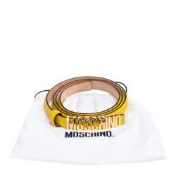 Pre Owned Moschino Yellow Textured Leather Logo Slim Waist Belt 95CM
